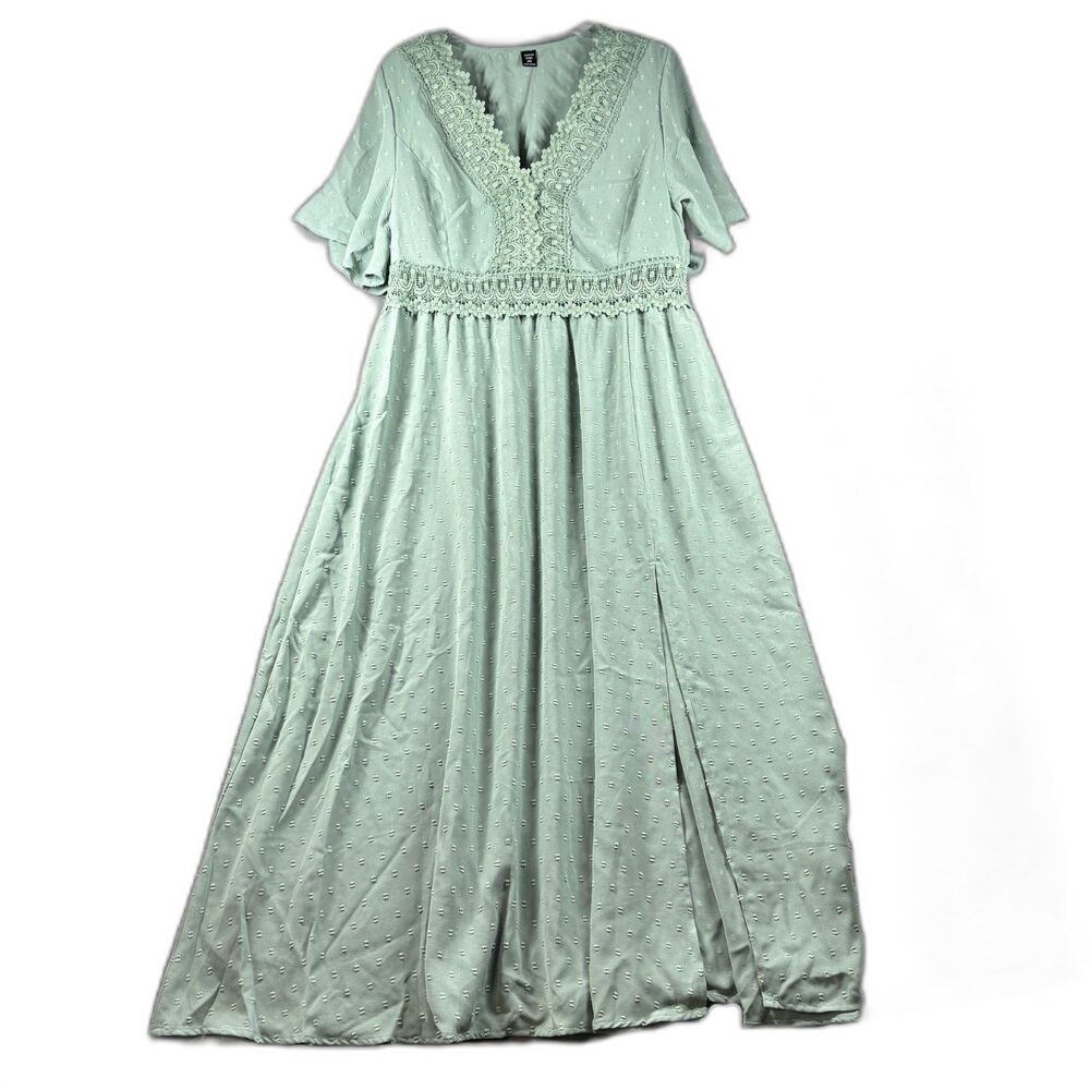 Shein NEW Women Maxi Dress Textured V-Neck Flutter Sleeve Sage Green 2X/16 M289